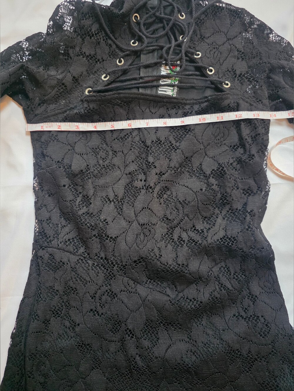 Vintage Lip Service Black Lace Goth Maxi Dress Lace-Up Front Bell Sleeve Size L - Picture 9 of 13